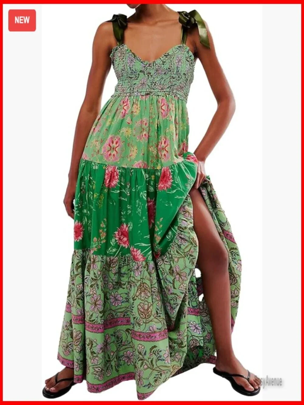 Women's Maxi Dress with Pockets, Smocked Bodice, Tie Shoulder Straps, Boho